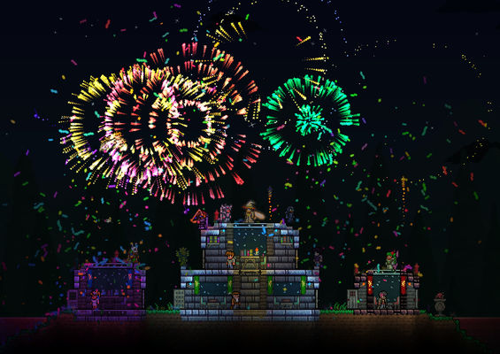 A fireworks display over a couple NPC houses.