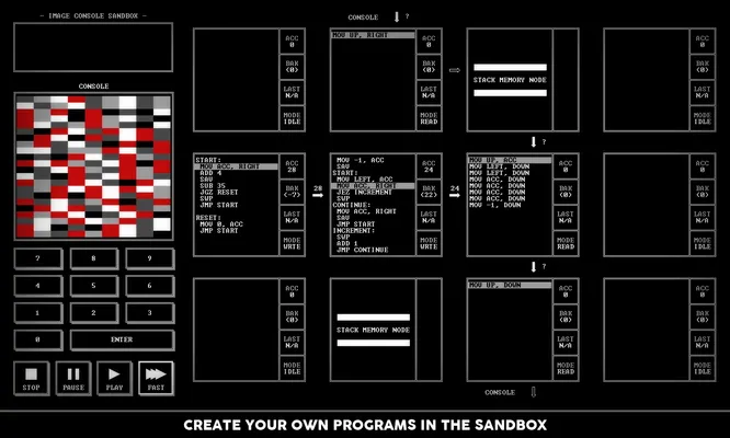 The video console in the game for the computer with the caption, "Create your own programs in the sandbox".